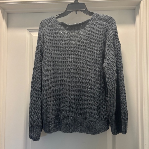 Express Dusty Blue Chenille Oversized V Neck Sweater - Picture 7 of 7